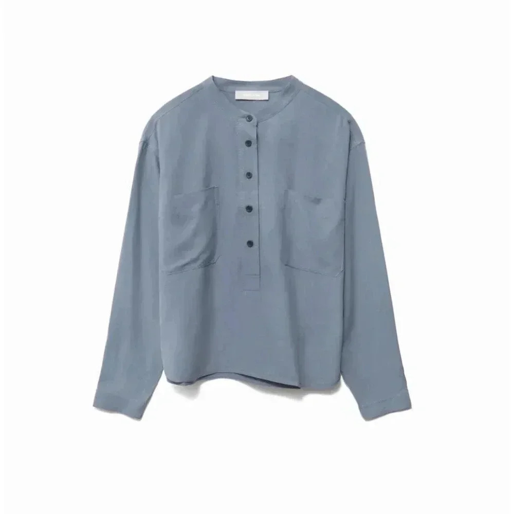 Everlane Washable Silk Henley Crop Shirt Blouse Top - Blue Gray - Size 2